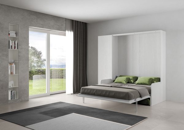 Letto matrimoniale a scomparsa 160 Kentaro con divano e colonna bianco frassino, verde - immagine 3