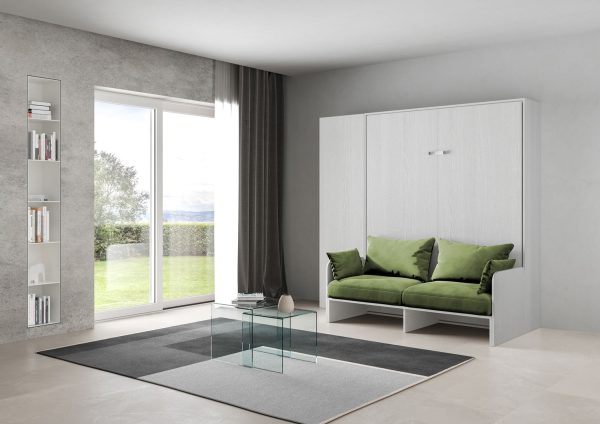 Letto matrimoniale a scomparsa 160 Kentaro con divano e colonna bianco frassino, verde - immagine 2