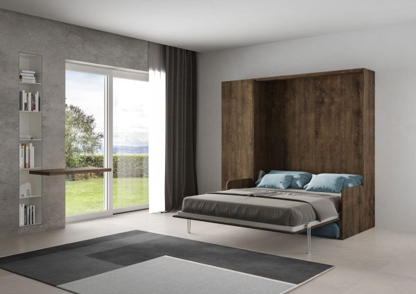 Letto matrimoniale a scomparsa 160 Kentaro con divano e colonna noce, azzurro - immagine 3