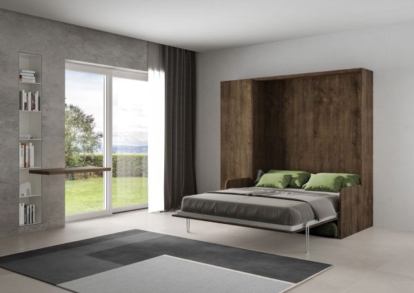 Letto matrimoniale a scomparsa 160 Kentaro con divano e colonna noce, verde - immagine 3