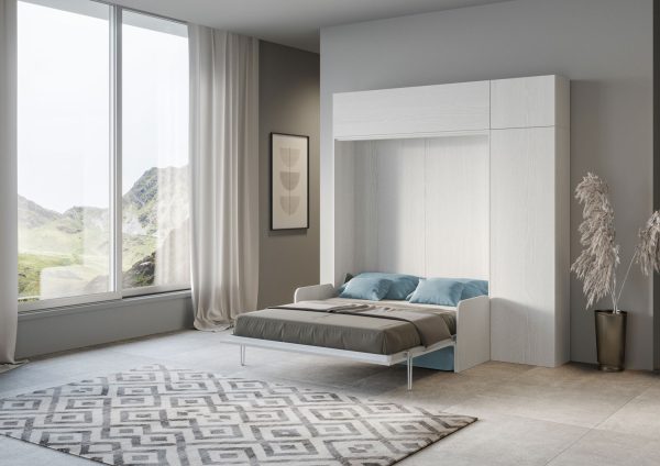 Letto matrimoniale a scomparsa 160 Kentaro con divano e mobili bianco frassino, azzurro - immagine 3