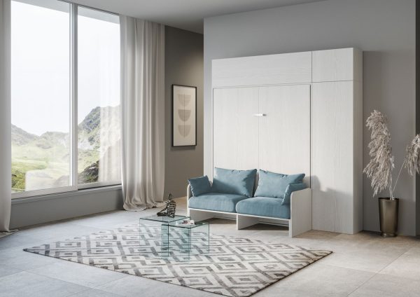Letto matrimoniale a scomparsa 160 Kentaro con divano e mobili bianco frassino, azzurro - immagine 2