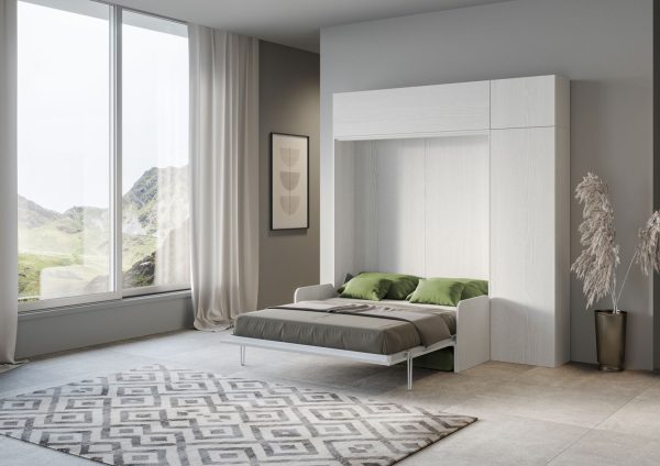 Letto matrimoniale a scomparsa 160 Kentaro con divano e mobili bianco frassino, verde - immagine 3
