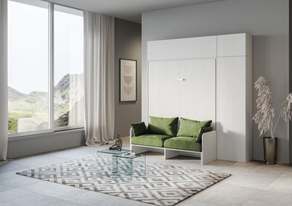 Letto matrimoniale a scomparsa 160 Kentaro con divano e mobili bianco frassino, verde - immagine 2