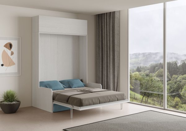 Letto matrimoniale a scomparsa 160 Kentaro con divano e pensile bianco frassino, azzurro - immagine 3
