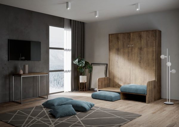 Letto matrimoniale a scomparsa 160 Kentaro con divano noce, azzurro - immagine 3