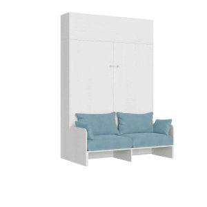 Letto matrimoniale a scomparsa 160 Kentaro con divano e pensile bianco frassino, azzurro