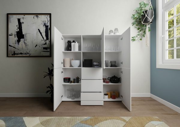 Credenza alta 5 ante/3 cassetti 150x35x165 cm Elios bianco lucido - immagine 3